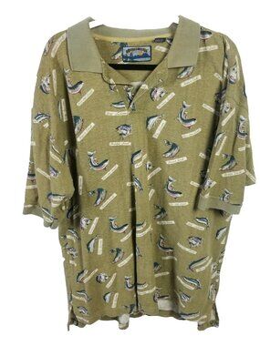 VINTAGE Shaver Lake Shirt Men XL Fishing Polo Beige Camp Short Sleeve Fish AOP